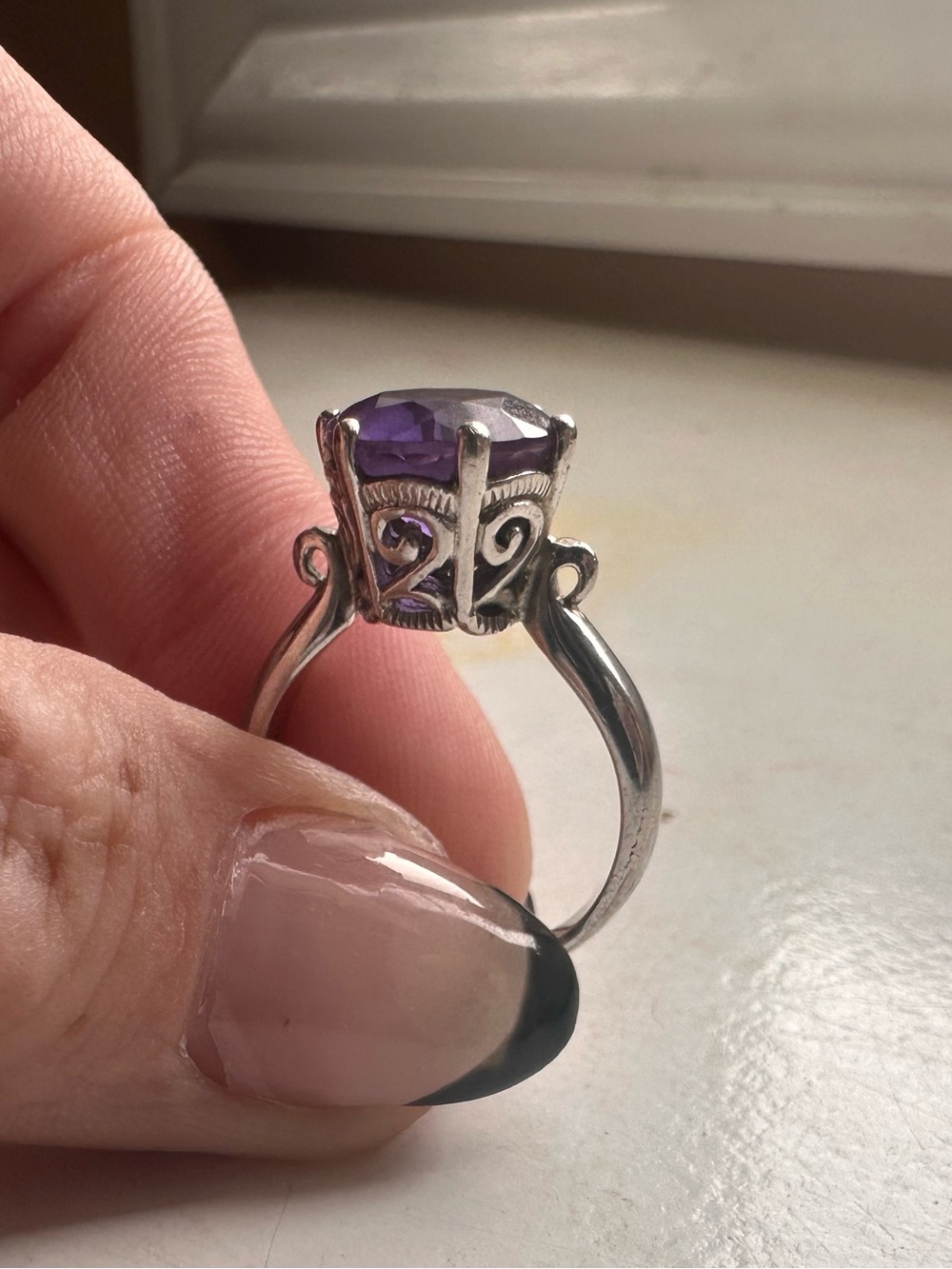 VINTAGE Sterling Silver Amethyst Gemstone Filigree Ring Size 7 marked 925 RJ